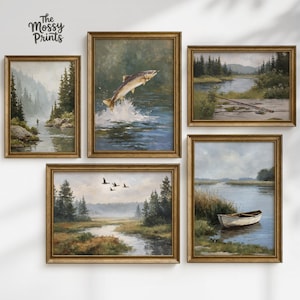May include: A collection of framed landscape paintings with a rustic aesthetic. The artwork depicts serene river scenes, including a leaping fish, a fishing rod, a small boat, and flying birds. The frames are a warm, golden brown.