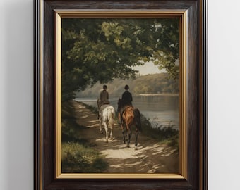Vintage hippische muurkunst afdrukbare, paardrijden landschapsschilderkunst, landschap rivier print, oud geld kunstafdrukken, digitale download