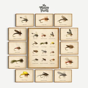 Fly Fishing Print Bundle, Printable Wall Art, Rustic gift for Dad, Digital Download for Fishermen, Vintage trout, lake house decor