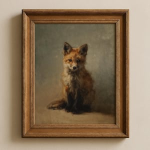 May include: A framed vintage-style painting of a fox. The fox has reddish-brown fur and is sitting upright. The painting is in a wooden frame with a warm, natural finish. The background is a muted, neutral tone.