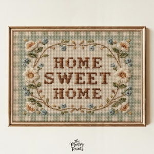 Può includere: Un'opera d'arte a punto croce incorniciata con le parole "HOME SWEET HOME" in lettere marroni. Il testo è circondato da una ghirlanda floreale di fiori bianchi e blu. Lo sfondo è un motivo a scacchi verdi e bianchi.