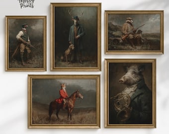 Vintage jachtmuurkunstset, rustieke dierenportretafdrukken voor Cottagecore Home Decor, grillige kunst vos en hert