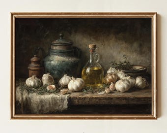 Olive Oil Print, Garlic Decor, Moody Vintage Kitchen Wall Art, Rustic Herb Still Life Oil Painting, French Bistro Digital Download