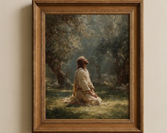 Vintage portrait de Jésus en téléchargement numérique, peinture à l'huile du Christ à Gethsémani, arts muraux de la Bible, photo LDS du Christ, impression de Pâques