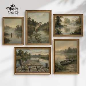May include: A set of five framed landscape paintings with a fishing theme. The artwork features serene river scenes, including a leaping fish, a dock with fishing gear, and a rowboat. The frames are a warm, golden color, and the paintings are signed "The Mossy Prints".
