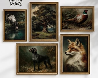 Vintage jachthondengalerij muurset, kortharige wijzer, kunst vos en fazant, humeurig eikenlandschap, bosdecor