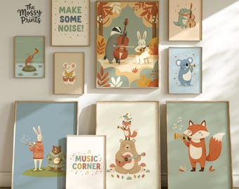 Woodland Nursery Art Work, Musical Nursery Artwork Bundle, Whimsical Forest Creatures for Gender Neutral Baby Rooms