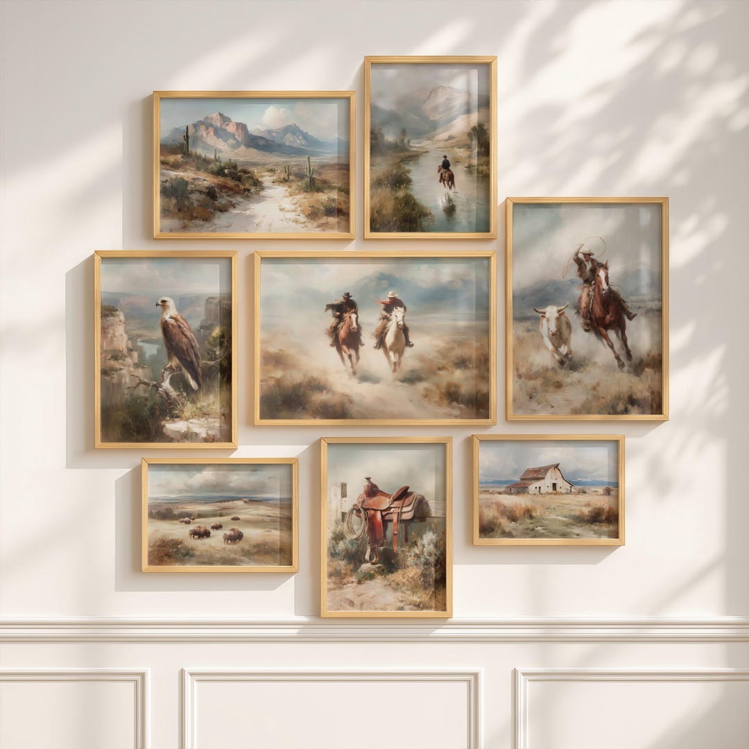 Vintage Western Gallery Wall Bundle Set of 10, Rustic Cowboy Painting ...