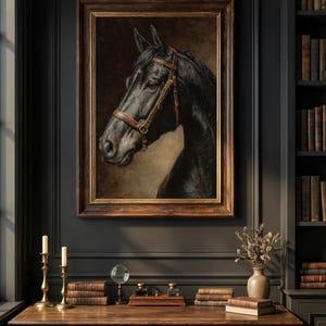 Op de afbeelding: Een ingelijst olieverfschilderij van een zwarte paardenkop, met een bruine teugel. Het kunstwerk wordt tentoongesteld boven een houten bureau met boeken, kaarsen en een vergrootglas. De kamer heeft donkere muren en een boekenkast.