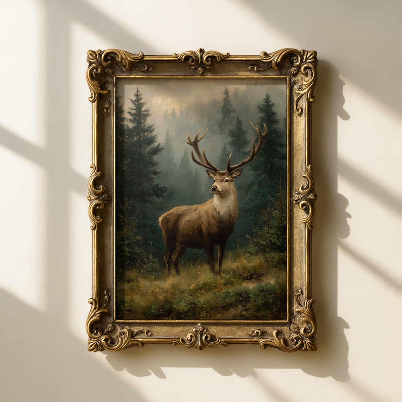 Op de afbeelding: Een schilderij in een antieke stijl, met een hert in een bos. Het hert heeft grote geweien en staat in een open plek omringd door bomen. Het frame is sierlijk met een gouden afwerking, wat een vintage uitstraling geeft.