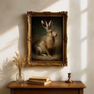 Op de afbeelding: Een ingelijst schilderij in vintage-stijl van een haas in een veld. Het kunstwerk toont een gedetailleerde weergave van de haas met bruine en bruine vacht, tegen een donkergroene achtergrond. De sierlijke gouden lijst voegt een klassieke touch toe.