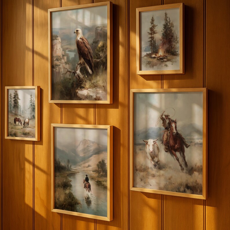 Vintage Western Gallery Wall Bundle Set of 10, Rustic Cowboy Painting ...