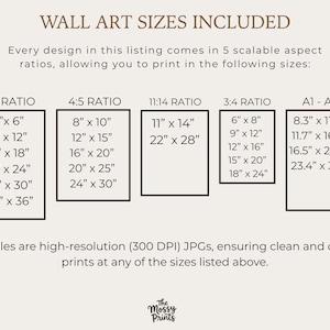 Peut inclure: Un graphique beige avec du texte d&eacute;taillant les tailles d'art mural, de 10 cm x 15 cm &agrave; 61 cm x 91 cm dans le rapport 2:3, et jusqu'&agrave; 61 cm x 76 cm dans le rapport 4:5. D'autres rapports et tailles sont &eacute;galement r&eacute;pertori&eacute;s.