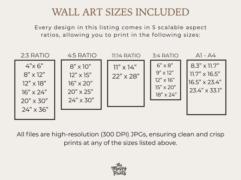 Peut inclure: Un graphique beige avec du texte d&eacute;taillant les tailles d'art mural, de 10 cm x 15 cm &agrave; 61 cm x 91 cm dans le rapport 2:3, et jusqu'&agrave; 61 cm x 76 cm dans le rapport 4:5. D'autres rapports et tailles sont &eacute;galement r&eacute;pertori&eacute;s.