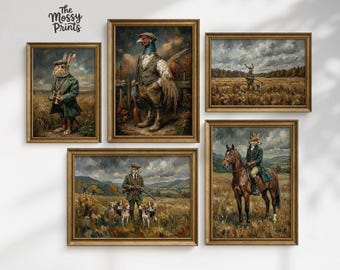 Vintage jacht muur kunstset, grillige dierenportretten, Fox konijn fazant kunst, cottage decor, rustieke bosrijke prints, digitale download