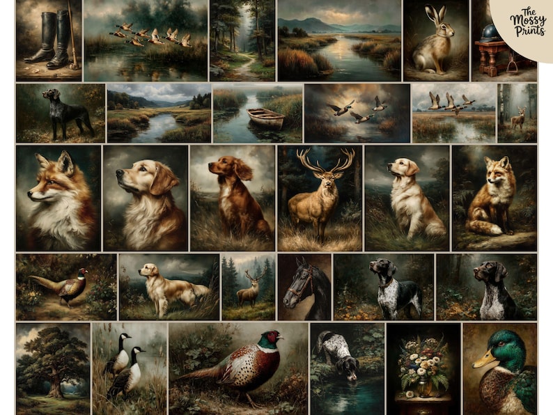 Vintage platteland Wall Art bundel van 30 rustieke boerderij, jachthuis decor honden paard eenden Wildlife Gallery prints, digitale download, afbeelding 2