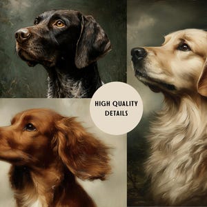 Op de afbeelding: Olieverfschilderij met drie hondenportretten. De honden zijn een Duitse Staande Hond, een Golden Retriever en een Cocker Spaniel. Het schilderij heeft een vintage esthetiek met een neutrale achtergrond en de tekst "HIGH QUALITY DETAILS".