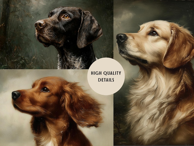 Op de afbeelding: Olieverfschilderij met drie hondenportretten. De honden zijn een Duitse Staande Hond, een Golden Retriever en een Cocker Spaniel. Het schilderij heeft een vintage esthetiek met een neutrale achtergrond en de tekst "HIGH QUALITY DETAILS".
