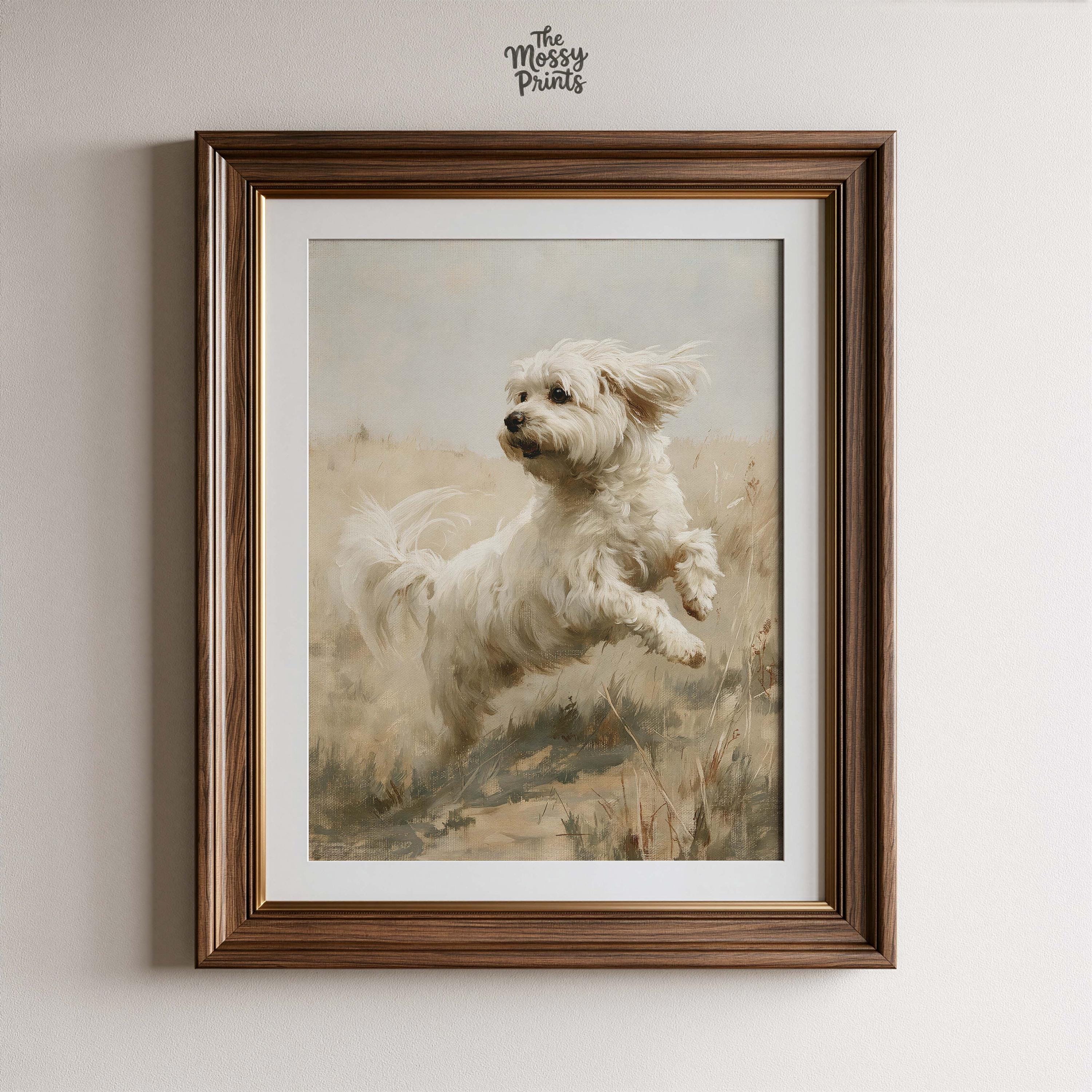 ヴィンテージマルチーズ犬の油絵プリント、野原でジャンプする白い子犬