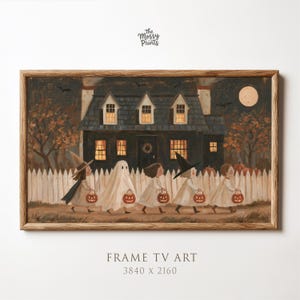 May include: A framed digital art print featuring a dark house at night with five children in Halloween costumes walking in a line. The children carry orange jack-o'-lantern buckets. A full moon, trees, and a white picket fence are visible.