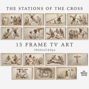 Puede incluir: Colección de 15 obras de arte enmarcadas que representan escenas de las Estaciones de la Cruz. Las ilustraciones detalladas están en tonos sepia, con el texto "THE STATIONS OF THE CROSS" y "15 FRAME TV ART".