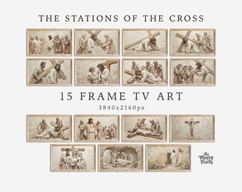 Pacchetto di cornici artistiche per TV con la Via Crucis, 15 immagini della Passione di Gesù, decorazioni pasquali cattoliche per la Quaresima, download digitale cristiano vintage