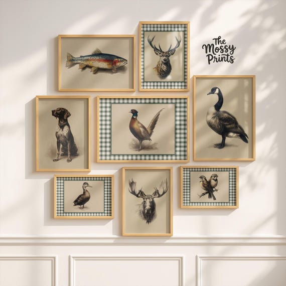 Vintage Hunting Gallery Wall Set of 12, Rustic Lodge Decor, Mallard Duck Stag Dog Print, Lake House Art, Woodland Nursery, Digital Download