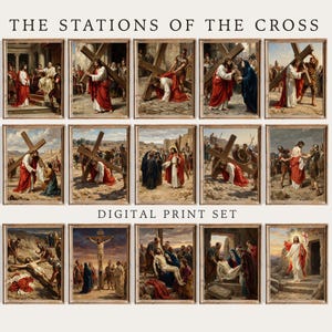 Op de afbeelding: Een set van 14 ingelijste digitale prints die de Staties van de Kruisweg uitbeelden. Elke print toont een religieuze scène met figuren in gewaden, tegen een achtergrond van architecturale en natuurlijke elementen. De tekst "THE STATIONS OF THE CROSS" en "DIGITAL PRINT SET" is zichtbaar.