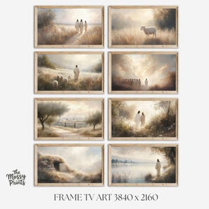 May include: Eight framed art prints with religious themes. Each print depicts a tranquil landscape with figures in white robes. The art has a soft, muted colour palette with a focus on light and shadow. The frames are a light wood colour. The text "FRAME TV ART 3840 x 2160" is at the bottom.