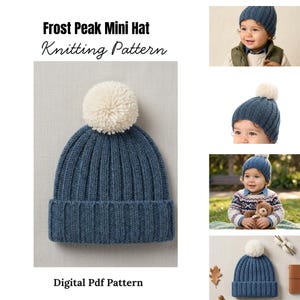 Puede incluir: Un gorro de punto acanalado azul con un pompón de color crema en la parte superior y un borde doblado. La imagen incluye el texto Frost Peak Mini Hat Knitting Pattern y Digital Pdf Pattern, mostrando el gorro puesto en un niño en varios entornos.