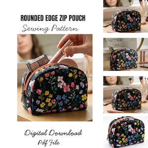 Könnte beinhalten: Eine schwarze Reißverschlusstasche mit abgerundeten Kanten, verziert mit einem Blumenmuster in Rosa, Gelb und Blau. Die Tasche hat einen braunen Reißverschluss und ist mit Make-up-Artikeln gefüllt. Der Text auf dem Bild lautet "ROUNDED EDGE ZIP POUCH Sewing Pattern" und "Digital Download Pdf File."