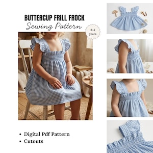 Mönster för flickklänning | Sommarklänning för barn i PDF-format | Klänning med resårband | Mönster för småbarnsflickor 3-4 år | DIY-klänning med volang