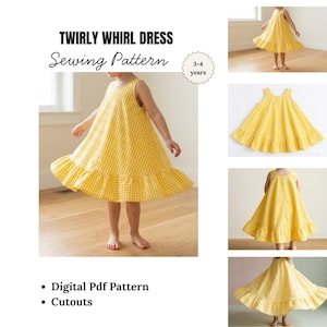 May include: A yellow and white gingham twirly dress sewing pattern for children aged 3-4 years. The dress has a sleeveless design with a ruffled hem. The text "Twirly Whirl Dress Sewing Pattern" is displayed at the top of the image.