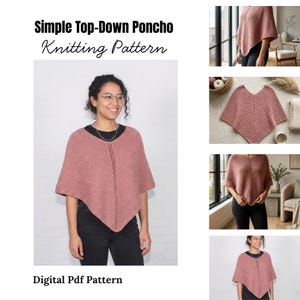 May include: A dusty rose knitted poncho featuring a top-down construction with a central vertical stitch detail. The garment has a V-shaped hemline and a textured ribbed pattern. The text Simple Top-Down Poncho Knitting Pattern Digital Pdf Pattern is visible.