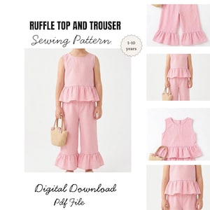Girls Ruffle Top and Trouser Sewing Pattern PDF, Kids Outfit Sewing Pattern, Ruffle Shirt and Pants Pattern, Beginner Sewing Pattern 1-10