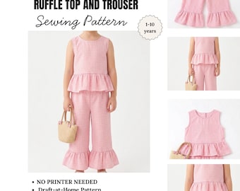 Girls Ruffle Top and Trouser Sewing Pattern PDF, Kids Outfit Sewing Pattern, Ruffle Shirt and Pants Pattern, Beginner Sewing Pattern 1-10