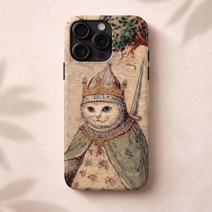 May include: A phone case featuring a regal cat illustration. The cat is depicted wearing a golden crown, helmet, and green cape, holding a sword. The artwork has a vintage, hand-drawn style with a beige background and tree details.