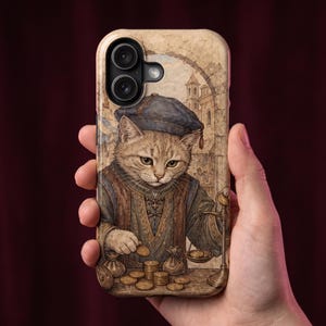 May include: A phone case featuring a detailed illustration of a tabby cat dressed in a blue beret and brown tunic, weighing gold coins on a metal scale. The background depicts a stone archway and buildings in a muted, earthy color palette.