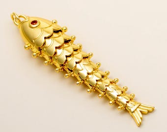 18k Gold Filled Articulated Red Eye Fish Pendant - Vintage Fisherman Charm B23