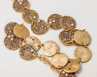 Antique Gold Textured Coin Choker Necklace, Pearl Crystal Medallion Collar