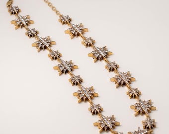 Vintage Brass Starburst Choker Necklace, 18k Gold Plated, Crystal Collar