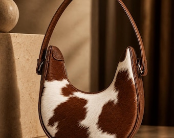 Bolsa de ombro em couro bovino genuíno | Bolsa hobo em couro com pelo | Bolsa artesanal estilo western