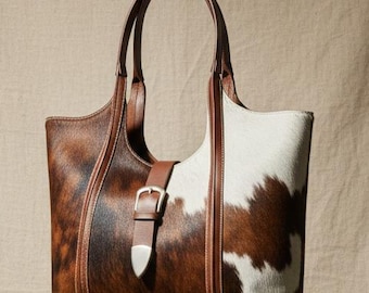 Cowhide Tote Bag | Hair-On Hide Leather Shoulder Bag | Handmade Western Boho Purse