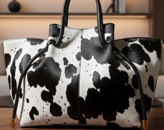 Torba typu hobo ze skóry bydlęcej | Skóra z włosiem | Torba typu tote w stylu western | Duża torebka typu shopper