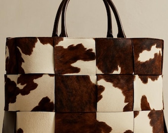 Patchwork van rundleer | Hair-On-verbergtas | Western boho-portemonnee | Handtas ponyhaar | Handgemaakte draagtas van koeienleer