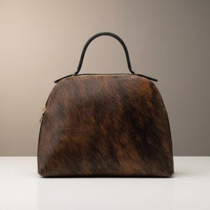Pode incluir: Uma mala castanha e preta estampada, com uma al&ccedil;a preta e z&iacute;per dourado. A mala tem formato arredondado e &eacute; feita de um material texturizado.