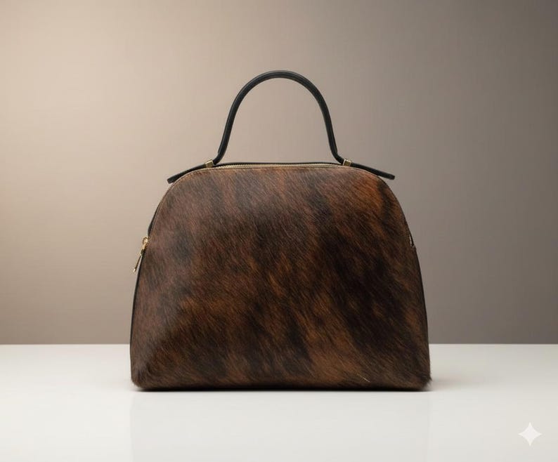 Pode incluir: Uma mala castanha e preta estampada, com uma al&ccedil;a preta e z&iacute;per dourado. A mala tem formato arredondado e &eacute; feita de um material texturizado.
