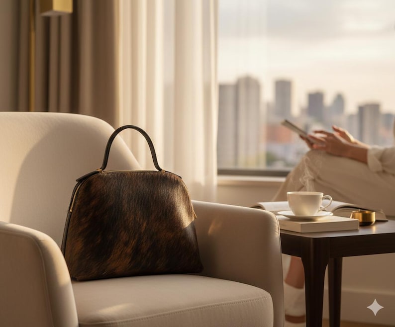 Pode incluir: Uma mala marrom e preta estampada com uma al&ccedil;a superior curva est&aacute; em uma poltrona creme. A mala est&aacute; ao lado de uma pequena mesa com uma x&iacute;cara de caf&eacute; e um livro. Uma pessoa est&aacute; lendo ao fundo.