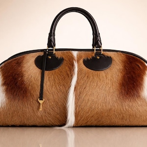 Puede incluir: Bolso rectangular con un patrón de piel marrón, blanco y beige. El bolso tiene ribetes, asas y detalles en cuero negro. Un dije de llave dorada cuelga en la parte delantera.