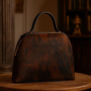Pode incluir: Uma mala castanha e preta estampada, com uma al&ccedil;a preta e z&iacute;per dourado. A mala est&aacute; em cima de uma mesa redonda de madeira. A mala tem uma forma estruturada e um topo curvo.